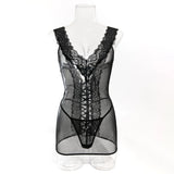 Toucheart 2PCS Lace See-through Hollow Out Sexy Interesting Thin Model Pajamas Panty Slim High Waisted Women Sexy Pajamas Set