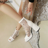 White Polka Dot Mesh Peep Toe Chunky Block Heel Platform Back Zipper Ankle Sandal Boots for Women