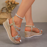 Bling Crystals Chunky Sandals Women 2026 Summer Elastic Band Wedges Platform Sandles Woman Plus Size 43 High Heel Rome Sandals