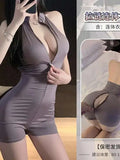 Sexy Schoolgirl Two-way Zipper Open Chest Crotch Bodysuits Deep V Suspenders Sleeveless Bodysuits Charming Thin Casual Hot 15T6