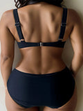 Solid Color Black Two Piece Swimsuit for Women Sexy Underwire V-neck Suspender Backless Bikini Set High Waist Beach Swimwear