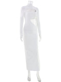 Ahagaga Sexy Dresses For Women Solid Turtleneck Regular Long Sleeves Hollow Out Sheath Basci Slim Fit Female Vestidos Party