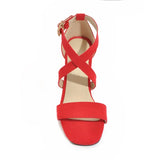 Big Size Casual Women Sandals Black Flock 7cm High Square Heels Peep Toe Summer Cross Buckle Strap Party Office Red Lady Sandals
