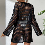 Womens Beach Cover Up Knit Solid Color Long Sleeve Dress Sexy Slim-Fit Beachwear Cover Up Beach Holiday Sun Protection Clothing