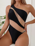 Splicing Mesh See Through One Shoulder Female Swimwear One Piece Swimsuit Women High Cut Monokini Mesh Bathing Suit Swim Lady