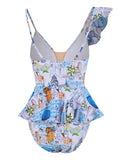 Sexy Ruffle Shoulder Swimsuit V-Neck Swimwear Women Backless Push Up Bathing Suit  Beach Wear 2024 Female Swimming Suit