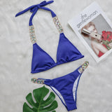 9 Colors Sexy Bikini Women Luxe Crystal Diamond Metal Chain Pit Striped Swimwear Swimsuit Bikinis Set Bathing Suit Beach Bikini