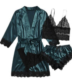 4pcs Women Striped Lingerie Set Lace Trim Robe Camisole Shorts Panties Nightwear Sleepwear Homewear Sexy Pajamas Outfit