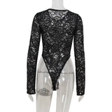 Ahagaga Floral Lace Women's Bodysuits Sexy Solid See Through Tees O-Neck Long Trumpet Sleeve Slim Fit Streetwear Rompers T Shirs