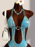 Sexy Blue Brozing Gradient One Piece Swimsuit Holiday Swimwear Women 2026 Metal Chain Hollow Out Backless Bandage Thong Bikini