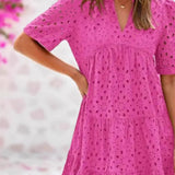 Casual Short Sleeve V-neck Midi Dress Women's Hollow Out Eyelet Dress Summer Beach Tiered Flowy A-line Sundress