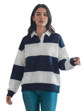 Women Long Sleeve Spring Fall Lapel Collar T-shirts Striped Contrast Color Loose Pullovers Streetwear Tops