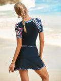 2025 Women's Sexy Surfing Swimsuit Zipper One-Piece Rash Guard Flat Skirt Style Sports Swimsuit Femme Short Sleeved Surfing Suit