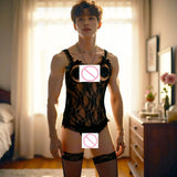 Erotic underwear for men, sexy purple pajamas, lace jumpsuit, open and easy to take off