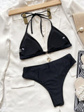 2026 New Sexy Bikini Women Black Hollow Halter Swimwear Swimsuit Bikinis Set Bathing Suit Bikini Female Push Up Rhinestone Decor