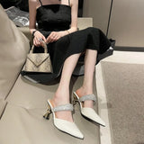 American pointed rhinestone high-heeled slippers women slim heels with toe caps, empty fashion sandals,