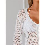V Neck Long Sleeve Hollow Out Crochet Knitted Tunic Beach Dress Beach Wear Beachwear Beach Cover Up Cover-upsFemale Women V7192