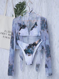 Marble Print V-Bar Underwired Bikini Women Swimsuit Female Swimwear Three-pieces Bikini Set Push Up Bathing Suit Beach Sarong