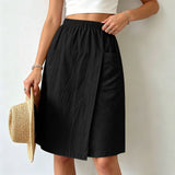 Women's Textured Wrap Skirt Shorts Solid Color Elastic Waist Midi Skort With Pocket Casual Loose Fit Layered A Line Summer Short