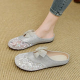 Women Mesh Sequins Slippers Outdoor Retro Slides for Girls Flat Heeled Summer Mules Female Bling Shoes with Bow Sweet Sandals