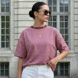 Summer Women's Loose T-shirt Casual Stylish Striped Crew Neck Short Sleeve Drop Shoulder Tee Tops