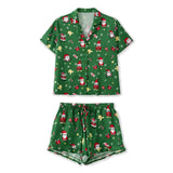Women's Christmas 2 Pieces Lounge Set Short Sleeve Lapel Pumpkin Print Shirt Shorts Satin Sleepwear