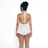 Women Halter Shorts Jumpsuits Summer Polka Dot Print V-Neck Backless Bodysuits Casual Sleeveless Rompers Club Streetwear