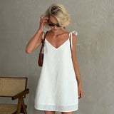 Ahagaga Fashion Women's Dresses Solid Straps Bandage Regular Causal V-Neck Sleeveless Summer Camisole Loose Sweet Femlae Vestido