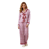 Women's 2025 Christmas Pajama Sets Fashionable Santa Printed Front Tie Ruffle Tops with Pants Two Pieces Soft Sleepwear