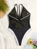 sexy deep v-neck swimsuit one piece black white patchwork bikinis backless hollow bikini thong bathing suits Swimwear Biquini