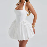 Women Bubble Halter Mini Dress Elegant Summer Sleeveless Tie up Backless Corset Evening Party Club Short Dress Y2K Streetwear