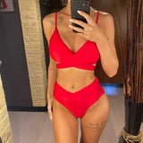 S - XL New 7 Colors V Neck High Waist Bikini Female Swimsuit Women Swimwear Two-pieces Bikini Set Bather Bathing Suit Swim V5006