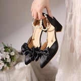 2026 New Pointed Toe Pearl French Heels Block Heel Bow Single Shoes Red Wedding Shoes