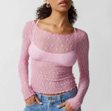 Sexy Lace Hot Girl Crop Tops Fashion Women Spring Autumn Long Sleeve Slim Fit Sheer T-Shirts Casual Streetwear Solid Basic Tees