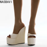 NASBAVI 2025 Fashion Peep Toe Wedges Heel Outside Women Slippers Concise PU Platform Slip on Summer Beach Mules Apricot 35-42