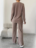 Autumn and Winter Casual V-neck Pocket Striped Knited Tops and Long Trousers Two-piece Sets, Women's Pajamas Set Sleepwear