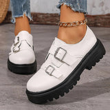 Fashion Double Buckle Platform Loafers Women British Style Thick Bottom Pu Leather Shoes Woman Comfort Round Toe Student Shoes