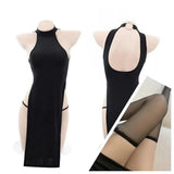 High Slit Cheongsam Uniform Temptation Erotic Nightdress Women Sexy Lingerie Dress+Panties Set Porn Sex Nightie
