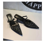 BIGTREE Crystal Mesh Fabric Pointed Toe Slippers Women Sexy Elegant Buckle Strap Party Prom Thin Low Heels Mule Shoes