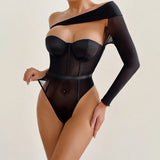 Toucheart Sexy Lingerie One-shoulder Sleeve Body Shaping Jumpsuit Women Push-up Chest Cotton Splicing Mesh Perspective Underwear