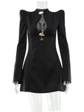 Ahagaga Elegant Women's Mini Dresses Solid Sexy Bodycon Slim Fit Hollow Out Regular Long Flare Sleeve A Line Trend Casual Female
