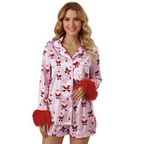 Women Two Pieces Christmas Pajama Set Santa Claus Print Long Sleeve Shirt with Shorts Fall Sleepwear Loungewear