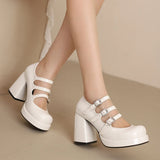 Plus Size Women Red Patent Leather Platform Mary Jane Shoes 3 Rhinestone Buckle Straps Chunky Block  Y2K Lolita Party Pumps