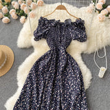 2025 Summer French Vintage Floral Dress Fashion Elegant High-Waisted Drawstring Vestidos Printed Fresh And Sweet Long Dresses