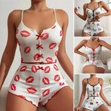 2 Pcs/Set Summer Women Pajamas Set Butterfly Heart Printing Sleeveless Backless Cop Top High Waist Shorts Sleepwear For Sleeping