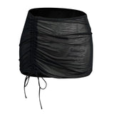 Women Black Mesh Ruched Drawstring Skirt Sheer Bodycon Beach Cover Up Adjustable Side Tie Sarong Swimwear Sexy See Through Skirt