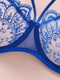 Royal Blue Floral Lace Lingerie Set Sheer Mesh Underwire Bra With Bow & Thong Women Sexy Underwear ZA824057