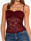 Women's Solid Color Lace Cami Tops Sleeveless Tie Spaghetti Strap Ruched Bust Camisole Summer Vest