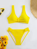2026 Summer New Women's 2 Piece Swimsuit Solid Color High Waist Bikini Set V-neck Backless Beach Vacation Bathing Suit Swimwear