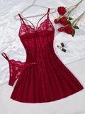 Wine Red Daisy Floral Lace Sheer Mesh Babydoll Lingerie Set Slip Nightdress With Matching Thong Women Sexy Sleepwear ZA825096
